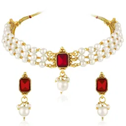 Peora Gold Plated White Maroon Synthetic Stone & Beads Studded Necklace & Earrings Set image 4