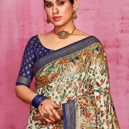 Saree Mall Beige Printed Sarees With Unstitched Blouse image 4