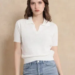 RAREISM Off White Cotton Blend Solid Short Sleeves Polo T-Shirt-image-93