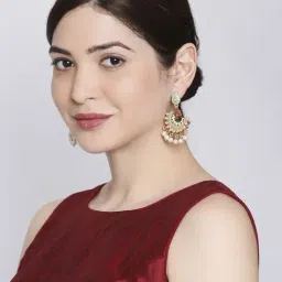 OOMPH Red & Green Meenakari Ethnic Drop Earrings Peacock Design with Kundan & Pearls For Women image 5