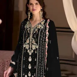 Odette Black Embroidered Semi-Stitched Kurta Set-picture-12