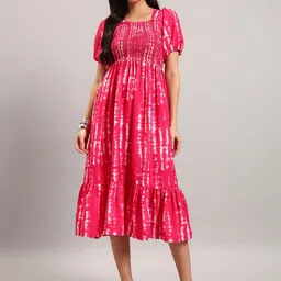 Femvy Tie & Dye Dyed Square Neck Puff Sleeves Fit & Flare Tiered Midi Dress-image-97