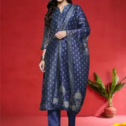 Varanga Women Floral Woven Design Regular Chanderi Silk Kurta With Trousers & Dupatta-image-52