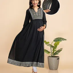 Bella Mama Woven Three Fourth Solid Kurta With Hand Work At Yoke - Olive Green-picture-12