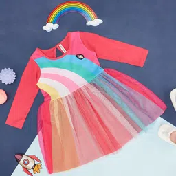 Pantaloons Baby Full Sleeves Rainbow Style Printed Mesh Layered Fit & Flare Dress - Pink-picture-18