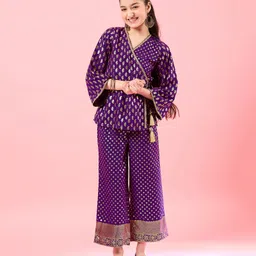 Pspeaches Three Fourth Sleeves Floral Foil Printed Top With Pant  - Wine-picture-28