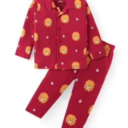 Babyhug Cotton Knit Full Sleeves Night Suit With Lion Print - Dark Red-image-46