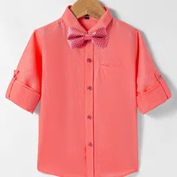 Robo Fry Woven Full Sleeves Solid Colour Party Shirt With Bow - Coral-picture-15