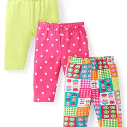 Babyhug Cotton Lycra Knit Three Fourth Length Leggings With Polka Dot & Floral Print Pack of 3 - Pink & Light Green-picture-34