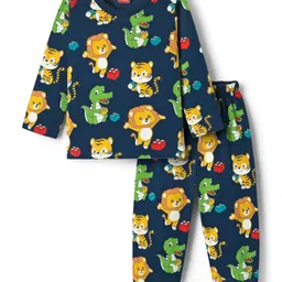 Babyhug Cotton Knit Full Sleeves Co-Ord Night Suit with Animal Print - Navy Blue-picture-21