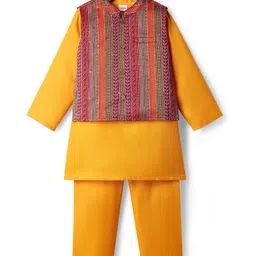 Babyhug Woven Full Sleeves Kurta Pyjama Set With Brocade Jacket - Mustard-picture-22