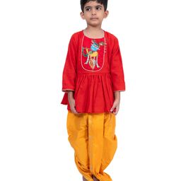 Twisha Cotton Woven Three Fourth Sleeves Lord Krishna Embroidered & Gota Lace Embellished Dhoti Kurta Set - Red & Yellow-picture-49