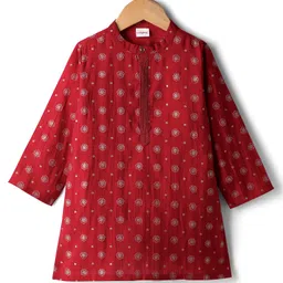 Babyhug Cotton Woven Full Sleeves Kurta with Floral Glitter Print - Red-picture-17