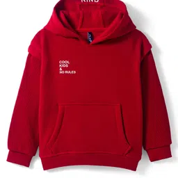 Little Kangaroos Fleece Knit Full Sleeves Hooded Sweatshirt with Kangroo Pockets & Cool Kids & No Rules Text Print - Red-picture-11