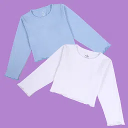 Kiddopanti Cotton Knit Pack Of 2 Full Sleeves Solid Crop Tees - Light Blue & White-picture-32