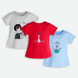 Ariel Cotton Knit Pack Of 3 Full Sleeves Animals & Keep Smiling Text Printed Tees - Grey Red & Blue-picture-21