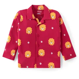 Babyhug Cotton Knit Full Sleeves Night Suit With Lion Print - Dark Red image 2