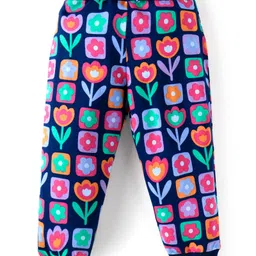 Babyhug Single Jersey Knit Full Length Lounge Pants Pack Of 2 with Floral Print & Bow - Pink Navy Blue image 2