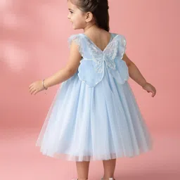 Babyhug Woven Sleeveless Party Dress With Butterfly Wings Corsage & Sequin Detailing - Light Blue image 2