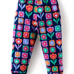 Babyhug Single Jersey Knit Full Length Lounge Pants Pack Of 2 with Floral Print & Bow - Pink Navy Blue image 3