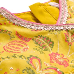Babyhug Cambric Woven Three Fourth Sleeves Ethnic Dress With Floral Print &With Embroidery Yoke - Yellow image 3