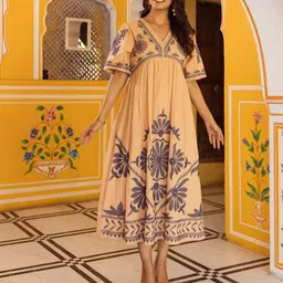 CUSTARD Women Beige Cotton Embroidered V Neck Midi Western Dress-picture-41