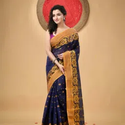 Desh Bidesh Blue & Yellow Cotton Woven Saree image 4