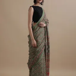 Jaipur Kurti Green Mulmul Cotton Regular Fit Print Saree image 4