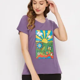 Clovia Purple Printed Cotton T-Shirt-image-10