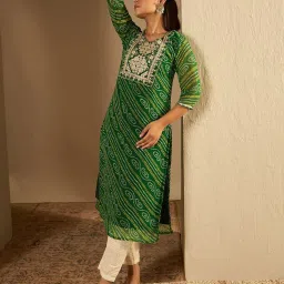 Indo Era Green Printed Straight Kurta image 4