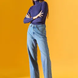 98 Degree North Navy Blue Cotton Self Regular Fit Sweater image 4