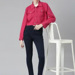showoffff SHOWOFF Fuchsia Relaxed Fit Crop Denim Jacket image 4