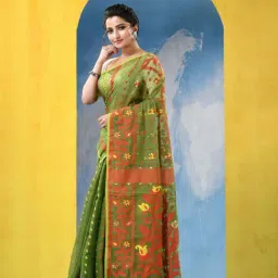 Desh Bidesh Green & Red Cotton Woven Saree image 4