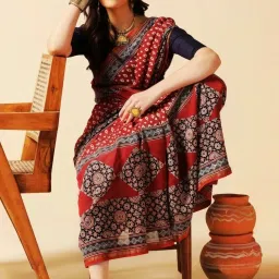 Aditri Maroon Handprinted Ajrakh On Chanderi Silk Saree image 4