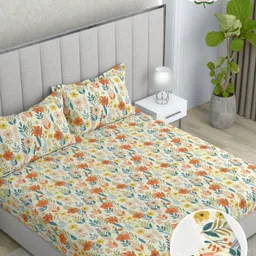 Pure Decor Orange & Blue Floral 130 TC King Bedsheet with 2 Pillow Covers-picture-2