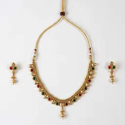 SOLLIGHT Gold-Plated Cubic Zirconia And Emerald Studded & Beaded Necklace With Earrings image 3