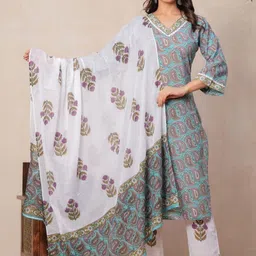 SARAI CREATIONS Women Paisley Printed Regular Pure Cotton Kurta with Trousers & With Dupatta-image-21