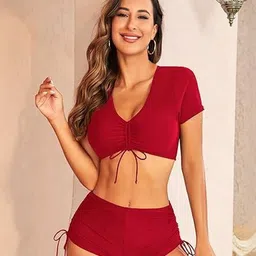 Toomley Ruched Tie-up V-Neck Crop-Top & High-Rise Shorts Swim Set image 4