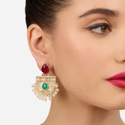 zaveri pearls Zaveri Set Of 2 Gold-Plated Artificial Stones Studded & Beaded Contemporary Drop Earrings image 2