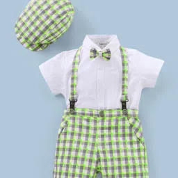 ToffyHouse Half Sleeves Shirt and Shorts Set with Suspenders and Hat Checks - Green-picture-22