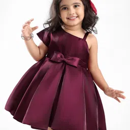 Babyhug Party Wear One Shoulder Pleated Dress With Bow Applique - Maroon-picture-28