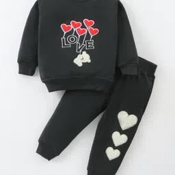 Little Darlings Fleece Knit Full Sleeves Winter WearSweatshirt & Joggers Set with Heart Patch & Embroidery - Dark Green-picture-24