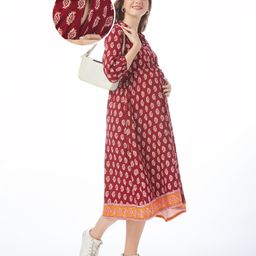 Bella Mama Woven Three Fourth Sleeves  Maternity Dress with Handblock Print - Maroon-picture-17