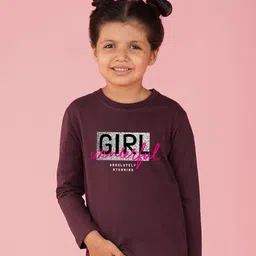 NUSYL Cotton Blend Full SleevesWonderful Girl Text Printed Tee - Wine-image-13
