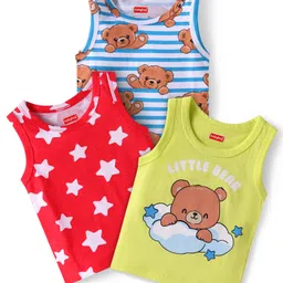 Babyhug 100% Cotton Knit Sleeveless Sandos with Bear & Stars Print Pack of 3 - Red Light Green & Blue-picture-15