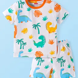 Babyhug Cotton Knit Half Sleeves Shorts Night Suit with Jungle Theme Print - White-image-100