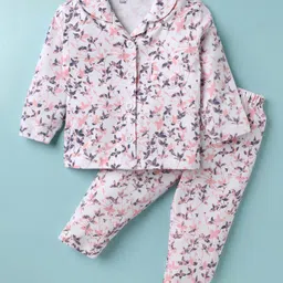 Little Darlings Cotton Knit Full Sleeves Co-Ord Night Suit with Leafy Print - White-picture-27