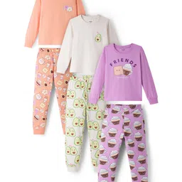 Primo Gino 100% Cotton Knit Full Sleeves Night Suit With Tropical Theme Print Pack of 3 - Beige Peach & Purple-picture-15