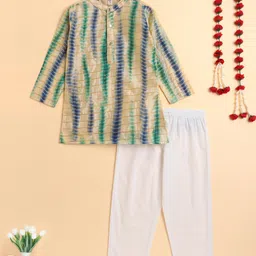 The Magic Wand Woven Full Sleeves Tie Dye & Foil Striped Kurta Pyjama Set - Green-picture-38