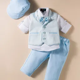 Robo Fry Cotton Woven Knit Full Sleeves 3 Piece Solid Color Party Suit with Bow & Cap - Light Blue & White-picture-15